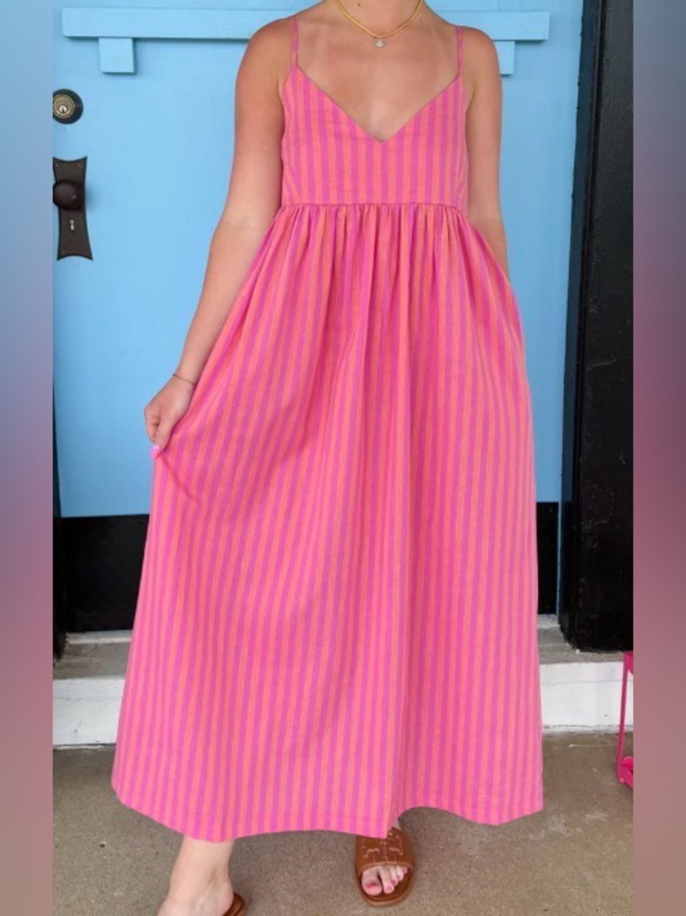 Olivaceous Pink Striped Spaghetti Strap Maxi Dress